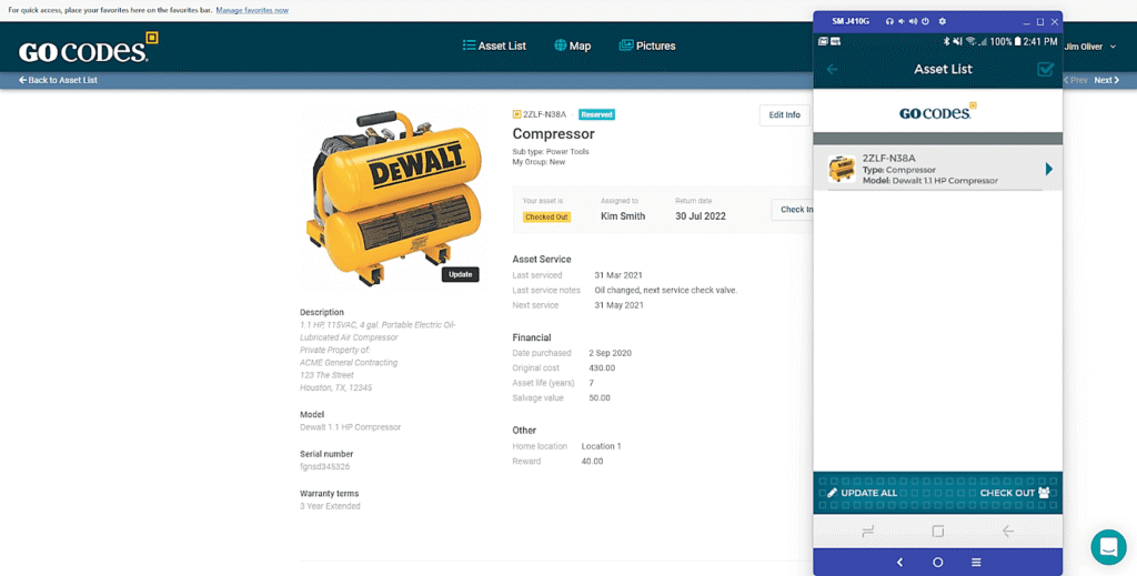 GoCodes Asset Tracking dashboard