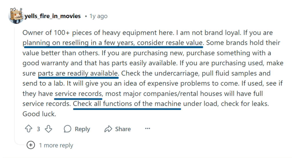 Reddit comment from user with tips for buying and reselling heavy equipment