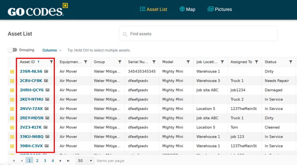GoCodes Asset Tracking dashboard