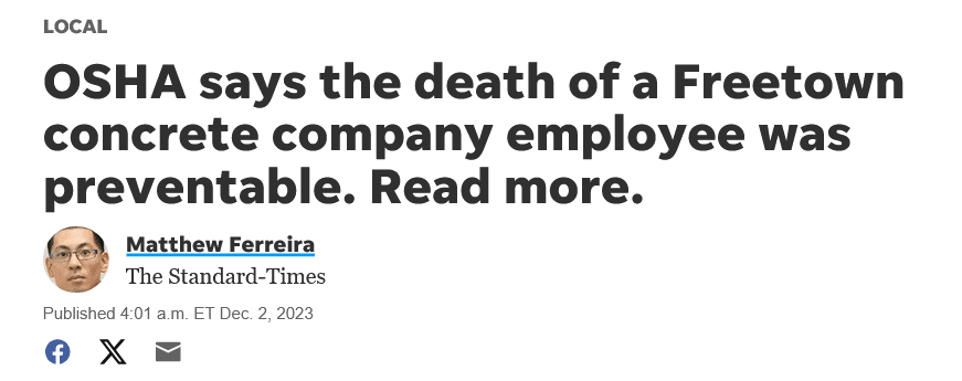 News headline stating "OSHA says the death of a Freetown concrete company employee was preventable. Read more."