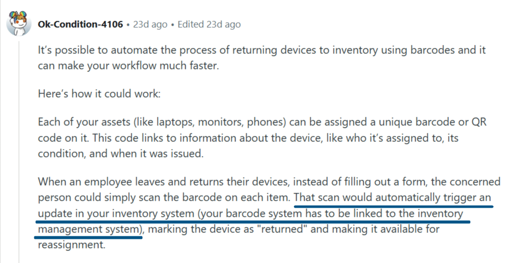 Reddit comment describing how barcode scanning can automate inventory updates for returned devices