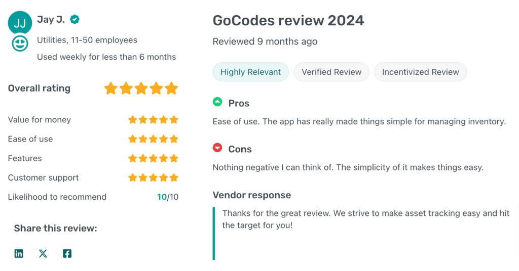 GoCodes Asset Tracking review on GetApp