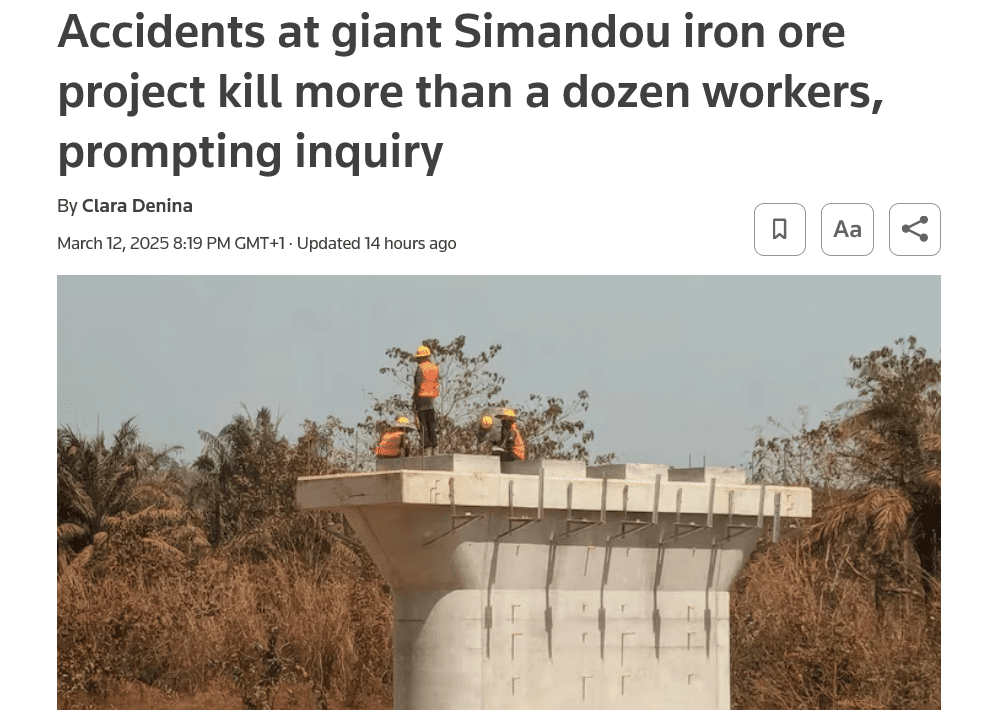 A news article about a deadly accident at the Simandou iron ore project
