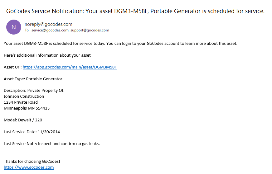 A screenshot of an email from GoCodes Asset Tracking