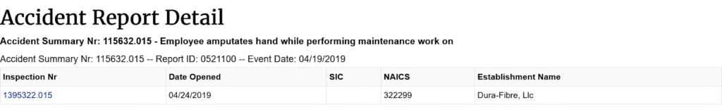 OSHA accident report detail showing a maintenance-related hand amputation incident at Dura-Fibre, LLC