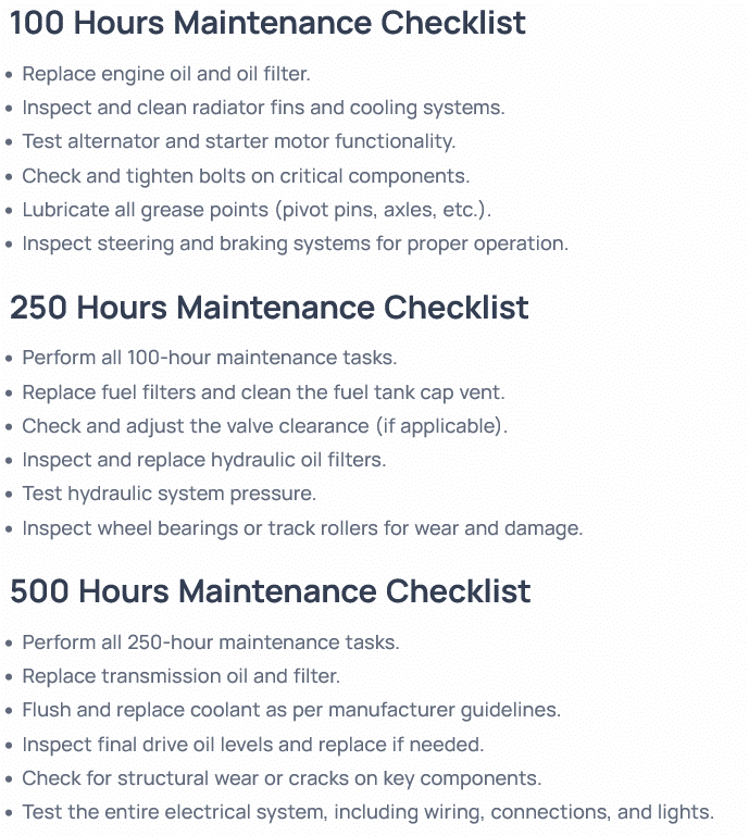 Maintenance checklist displaying tasks for 100, 250, and 500 hours, including oil replacement, hydraulic system checks, valve clearance, and full system testing