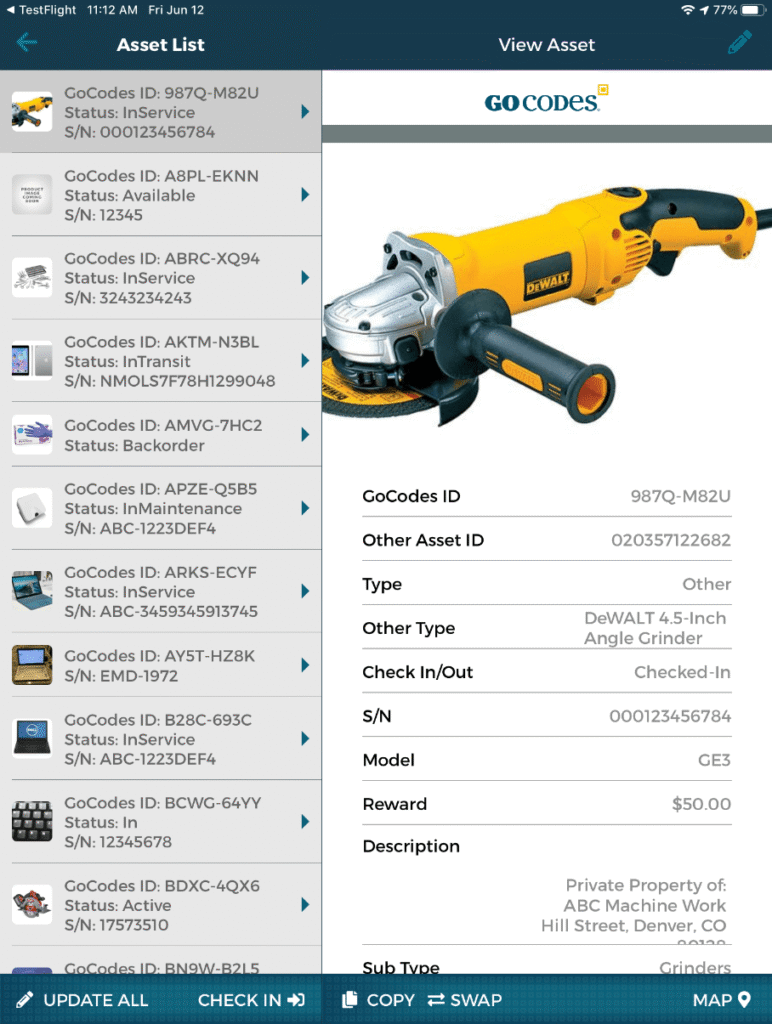 GoCodes Asset Tracking dashboard