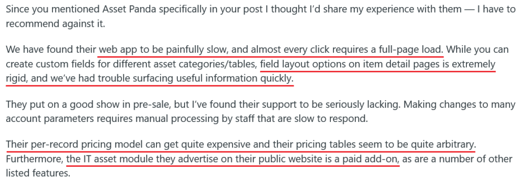 Customer review for Asset Panda on Reddit