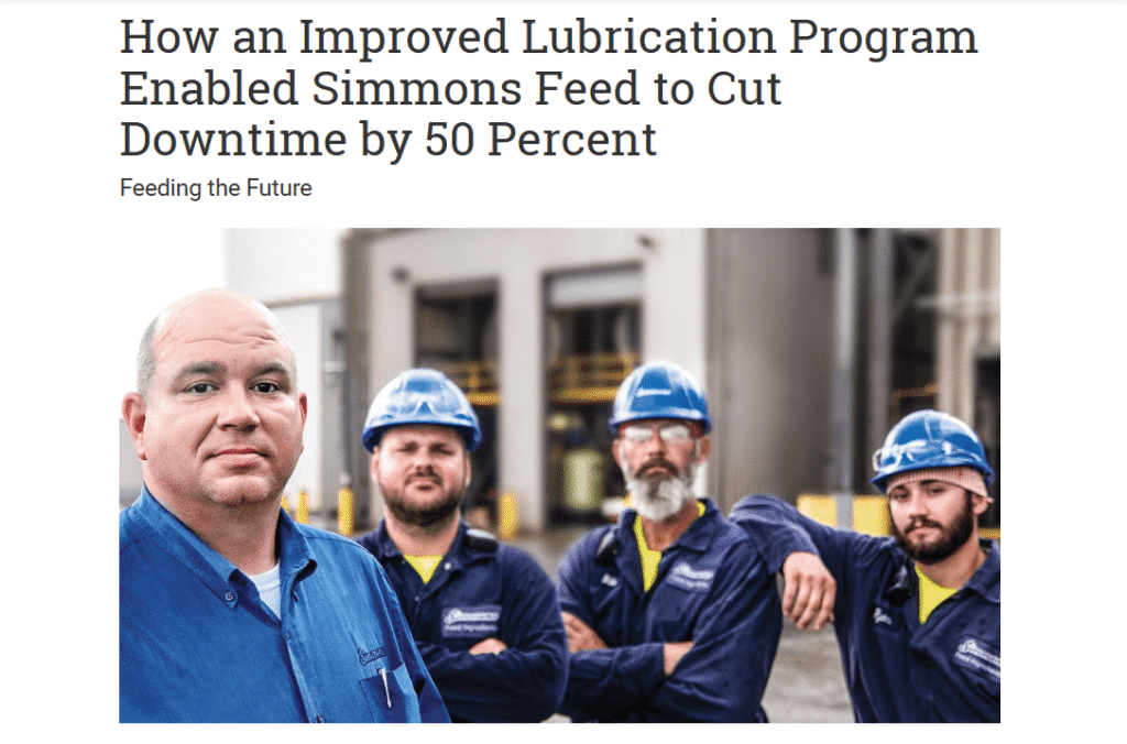 Headline about Simmons Feed reducing downtime by 50% through improved lubrication program