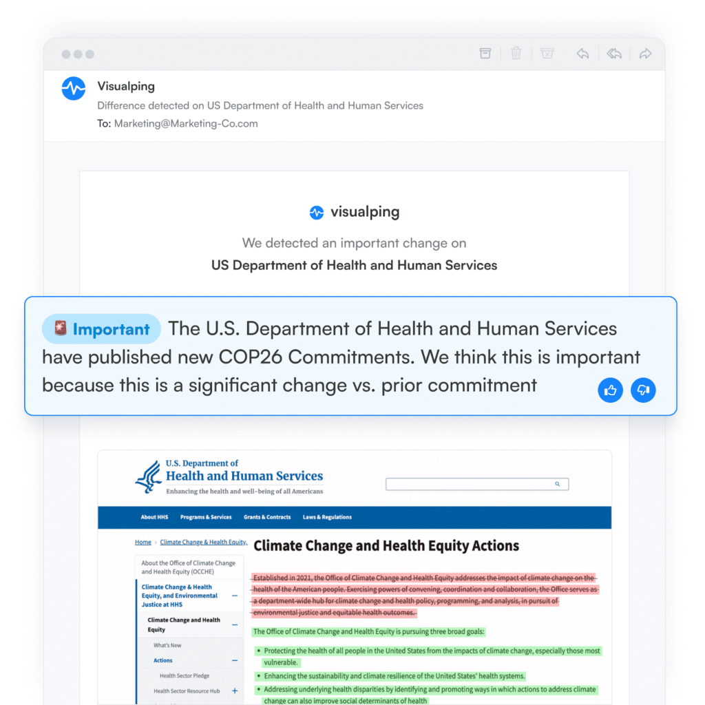 Email alert from Visualping notifying of a significant update on the U.S. Department of Health and Human Services page
