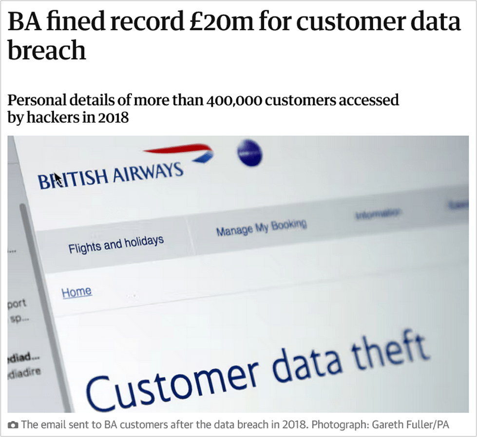 British Airways website screenshot highlighting customer data theft - BA fined £20 million for a 2018 breach that compromised personal details of over 400,000 customers