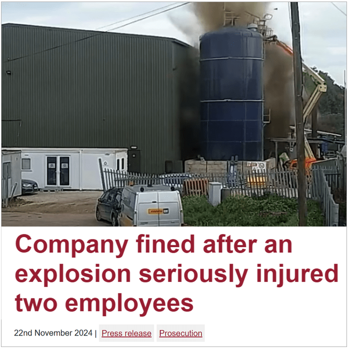 Explosion at industrial facility with large smoke plume, company fined after two employees were seriously injured – November 2024 incident.