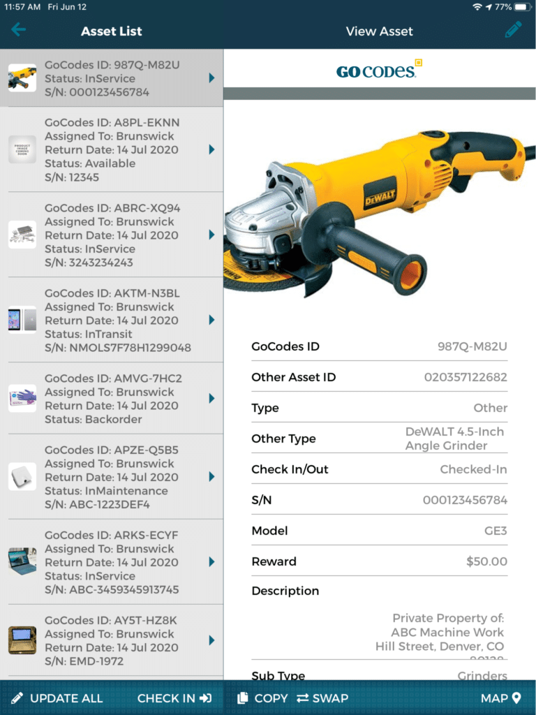 GoCodes Asset Tracking dashboard