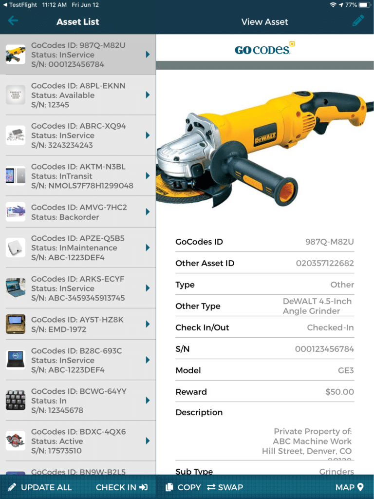 GoCodes Asset Tracking dashboard