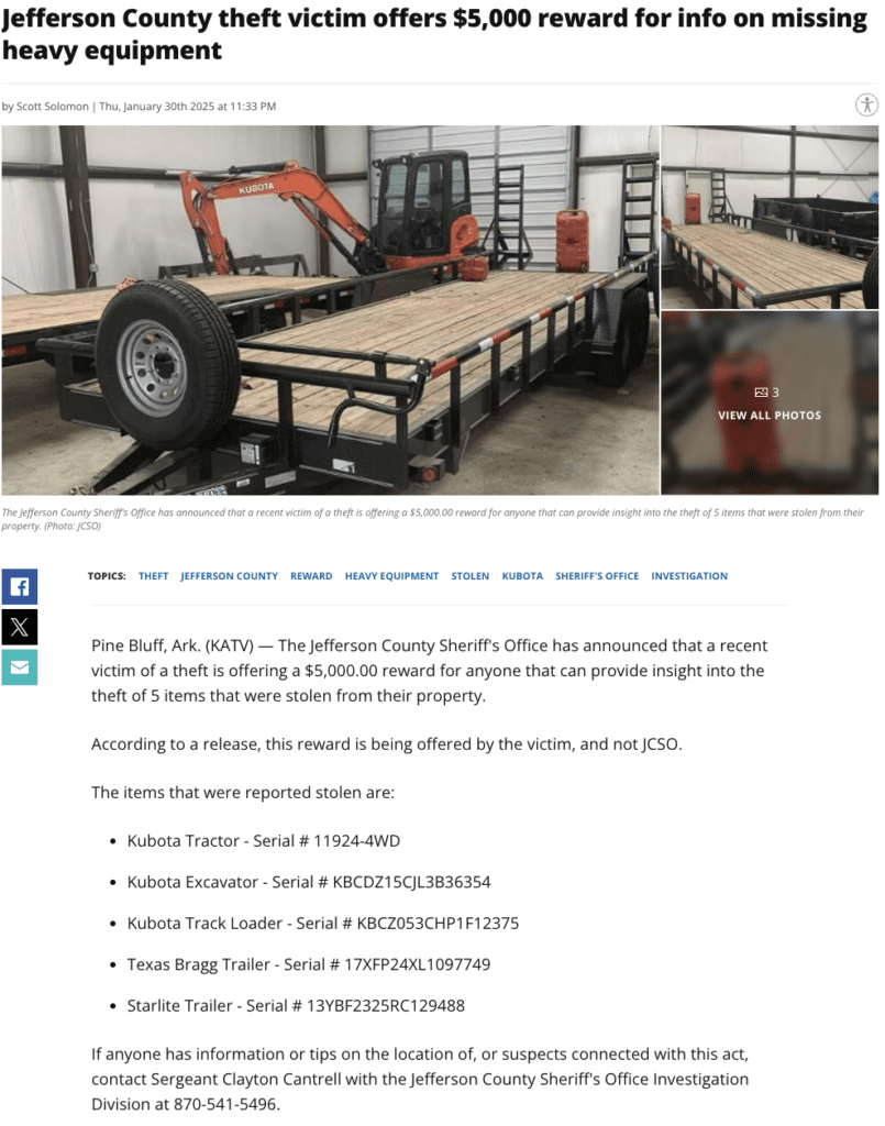 News report of a Jefferson County theft victim offering a $5,000 reward for information on five missing heavy equipment items