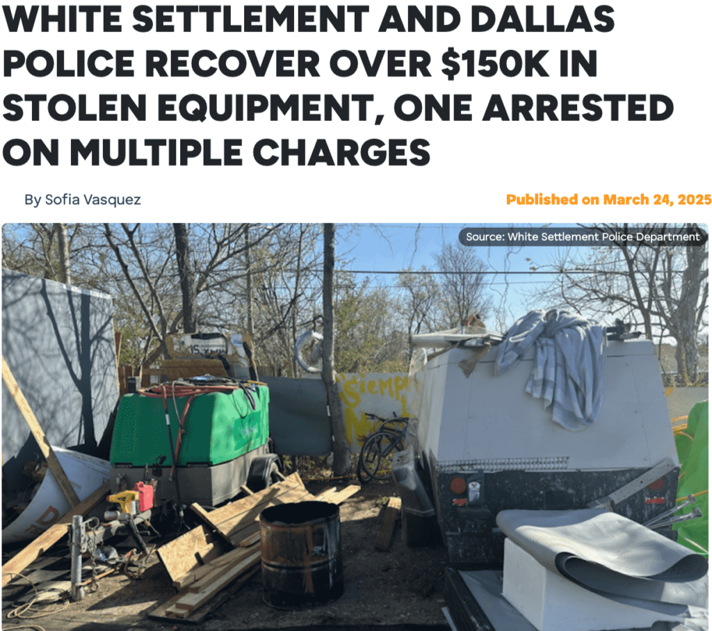 Headline reports Dallas and White Settlement police recovered $150K worth of stolen items