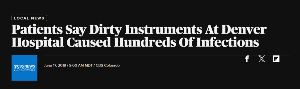 News headline about Denver hospital saying dirty instruments caused hundred of infections