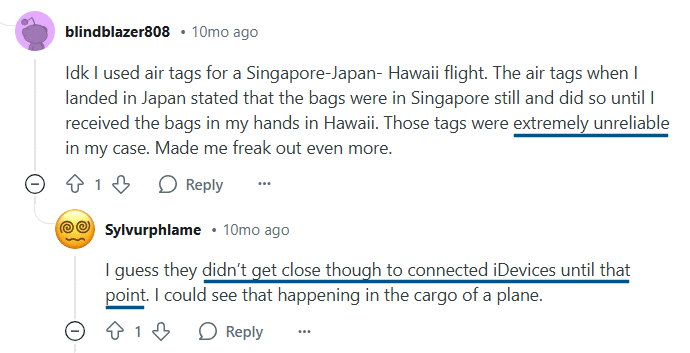 User comments describing negative experience with AirTags during international flight due to delayed location updates
