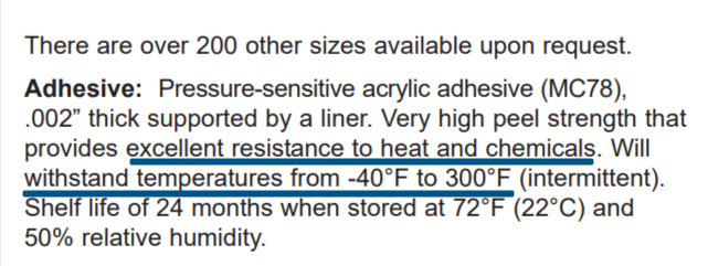 Label specification highlighting adhesive with heat and chemical resistance, tolerating temperatures from -40°F to 300°F