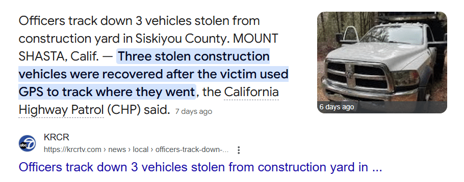 News screenshot about three stolen construction vehicles recovered using GPS tracking in Siskiyou County, California