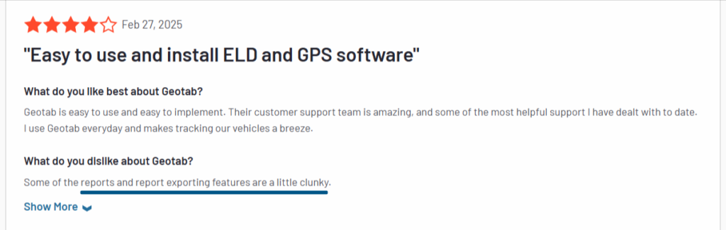 Customer review on G2 about Geotab GPS tracking software