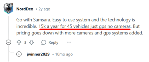 Reddit comment discussing Samsara GPS pricing