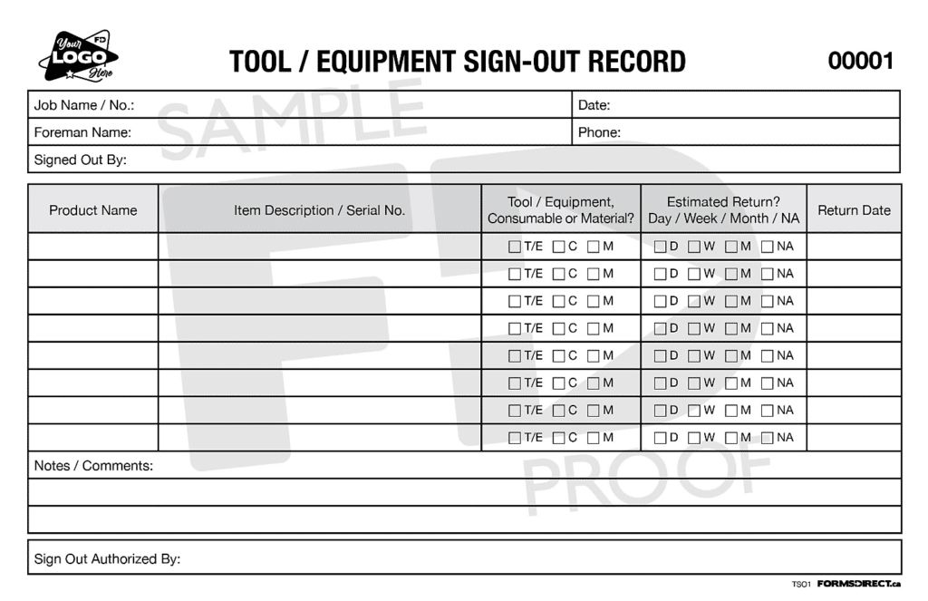 Blank tool and equipment sign-out record form with fields for job details