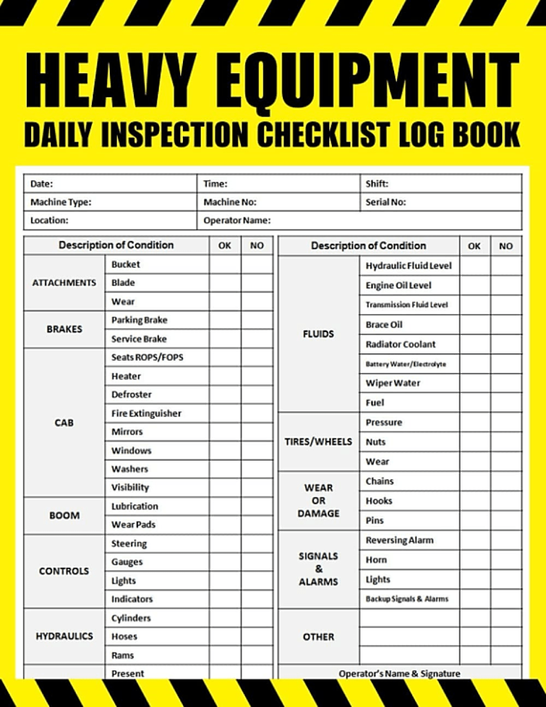 Example of heavy equipment daily inspection checklist logbook