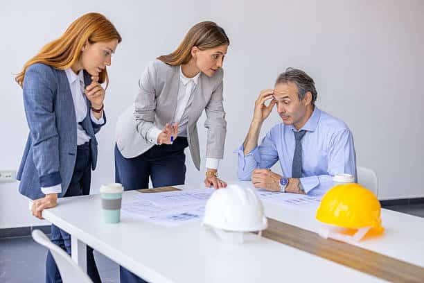 Architects and engineers analyzing blueprints on a desk, having a disagreement during a meeting